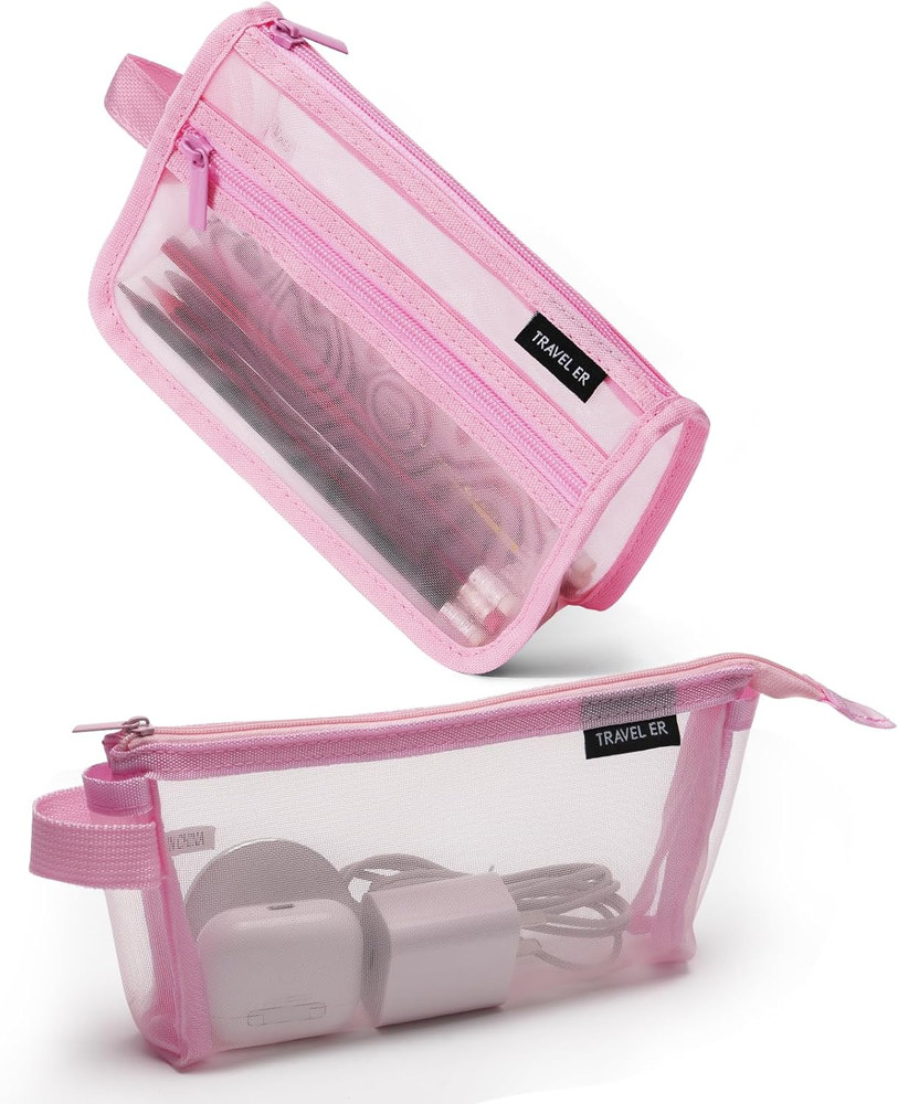 2-Pack Grid Mesh Pencil Case with Handle and Zipper, Double Layer Clear Pencil P