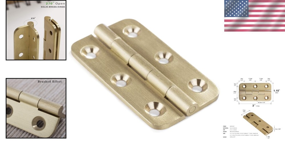 4-Pack Brushed Solid Brass Butt Hinges 2" for Cabinets and Wood Crafting