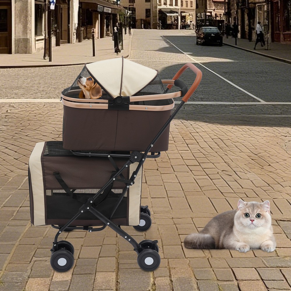 2-Tiers Cat Stroller Foldable Pet Stroller Small & Medium Dogs Stroller 77lbs