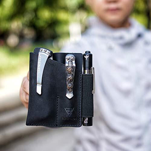 EDC Leather Pocket Organizer Slip Pouch Case For Knife Flashlight with Pen Loop