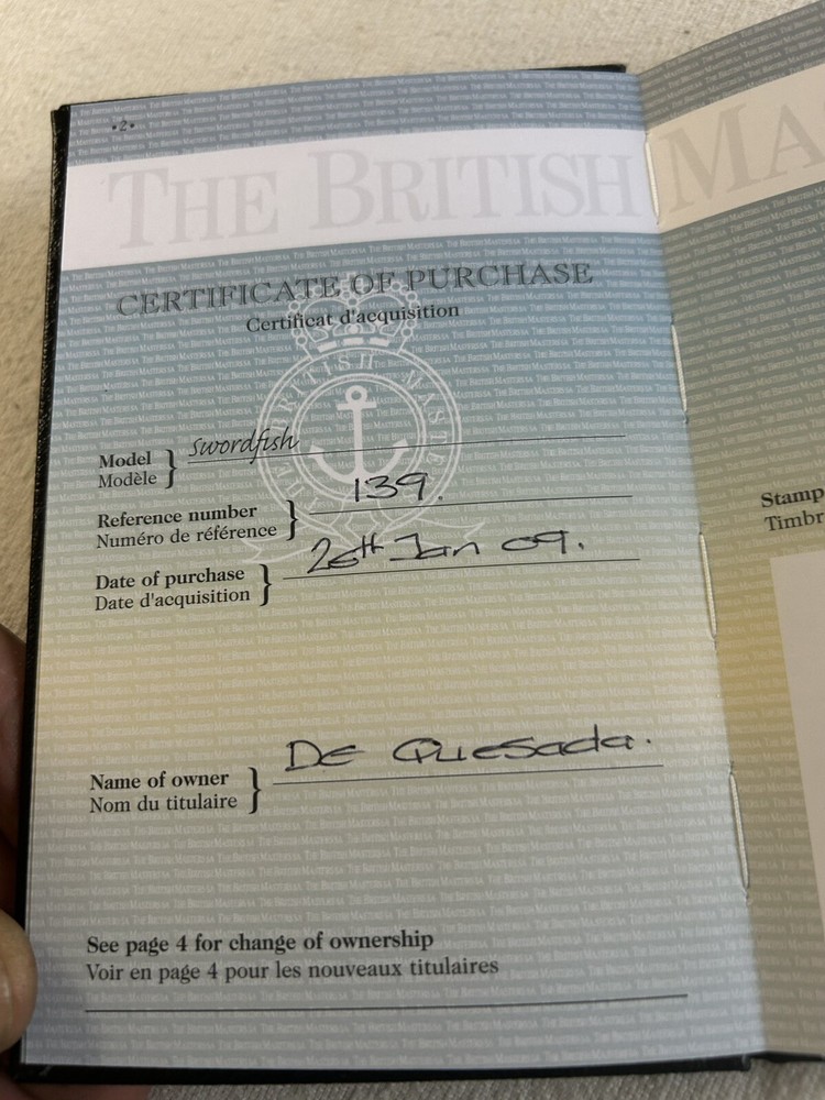 Graham Watch Original Certificate for Swordfish