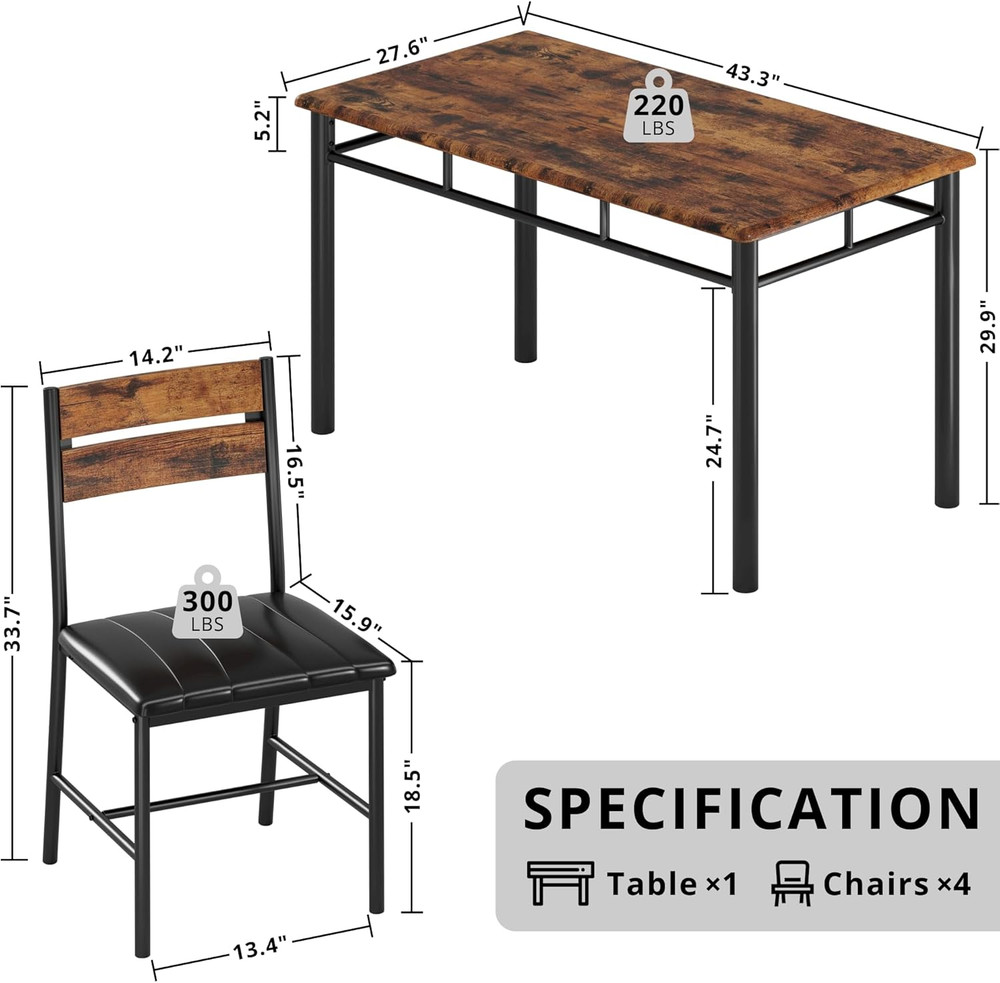 Dining Table Set for 4, Wood Kitchen Table with Upholstered Chairs for Kitchen R