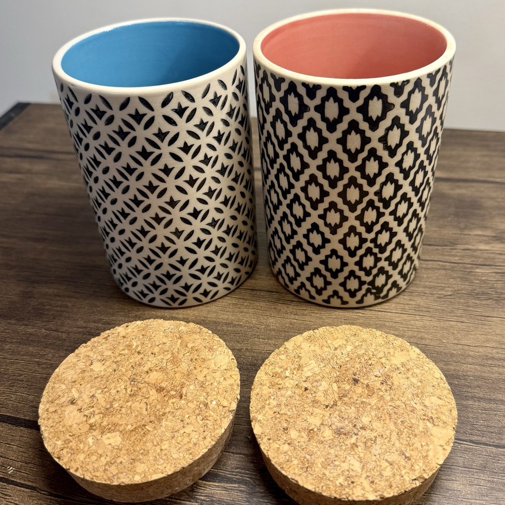 Two 2 World Market Ceramic Canisters All Purpose 5" Separate Patterns Cohesive