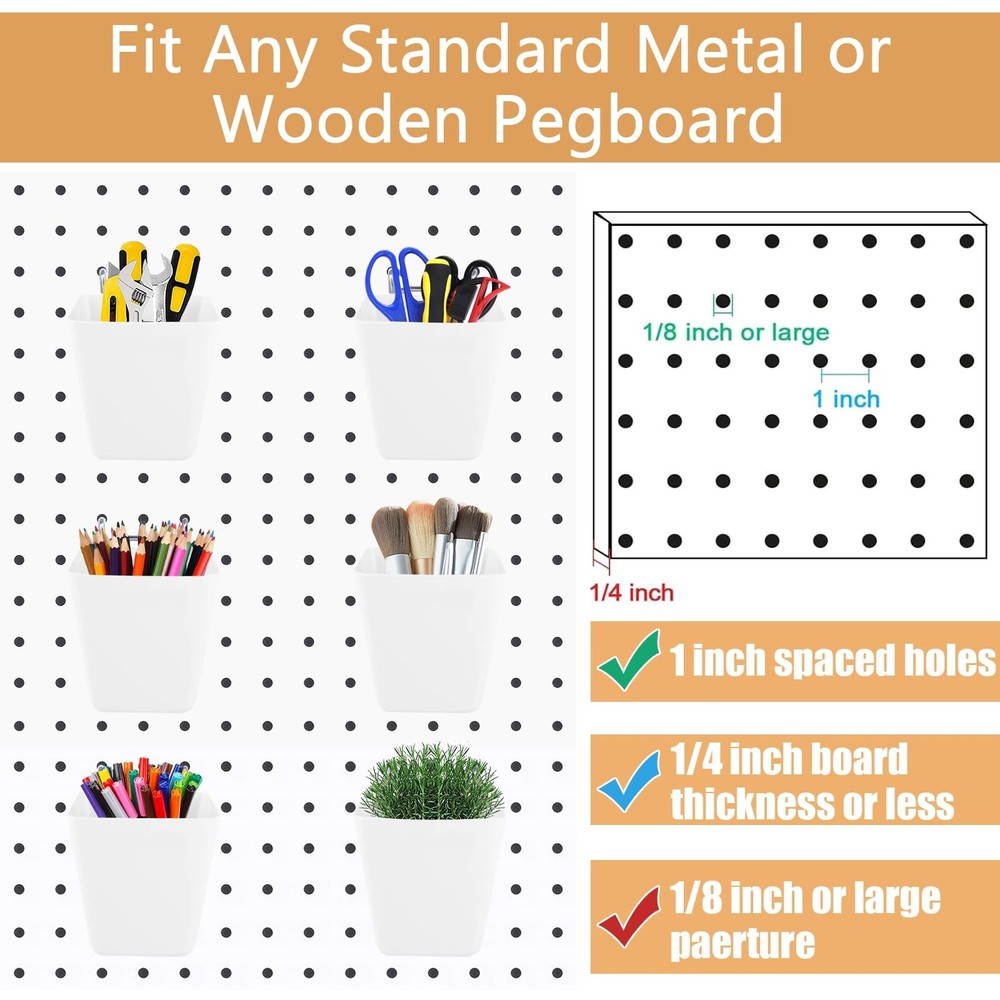 6Pack Pegboard Cups, Large Square Bins with Hooks, White, Polypropylene (PP),...