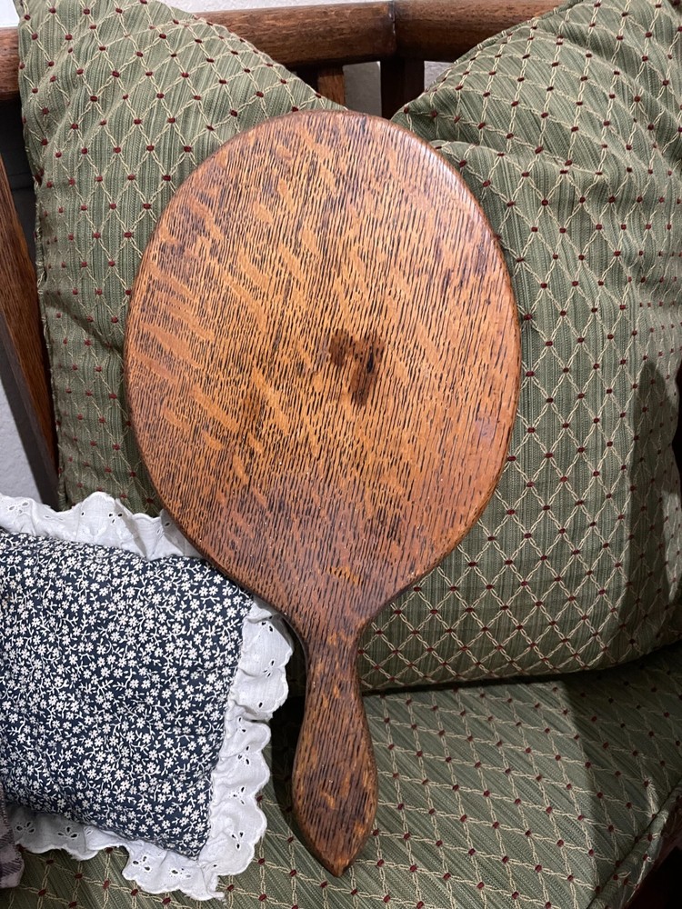 VINTAGE WOOD FRAME BEVELED OVAL MIRROR CURVED HANDLE