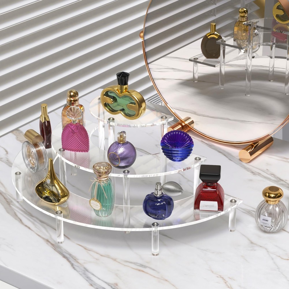 Acrylic Display Risers 3 Tier Half Moon Clear 2 Pack Perfume Organizer