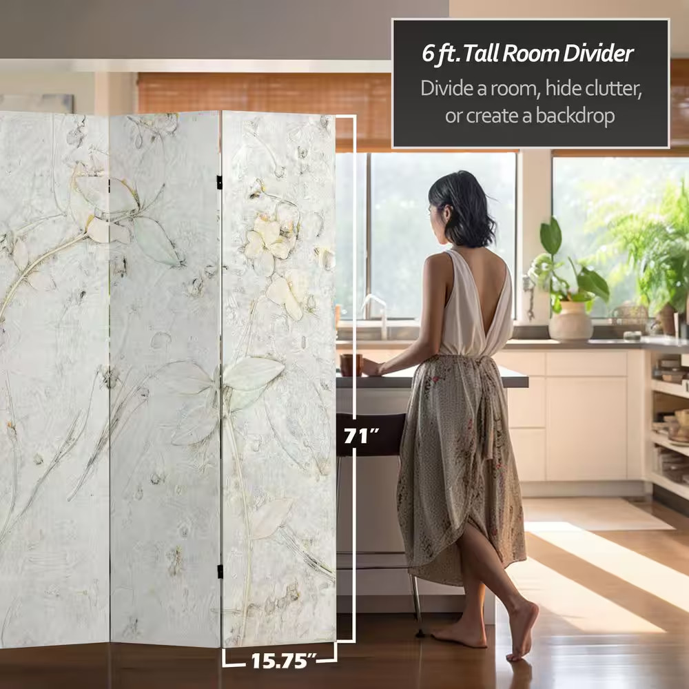 6 Ft. Ivory Flowers Printed 3-Panel Room Divider