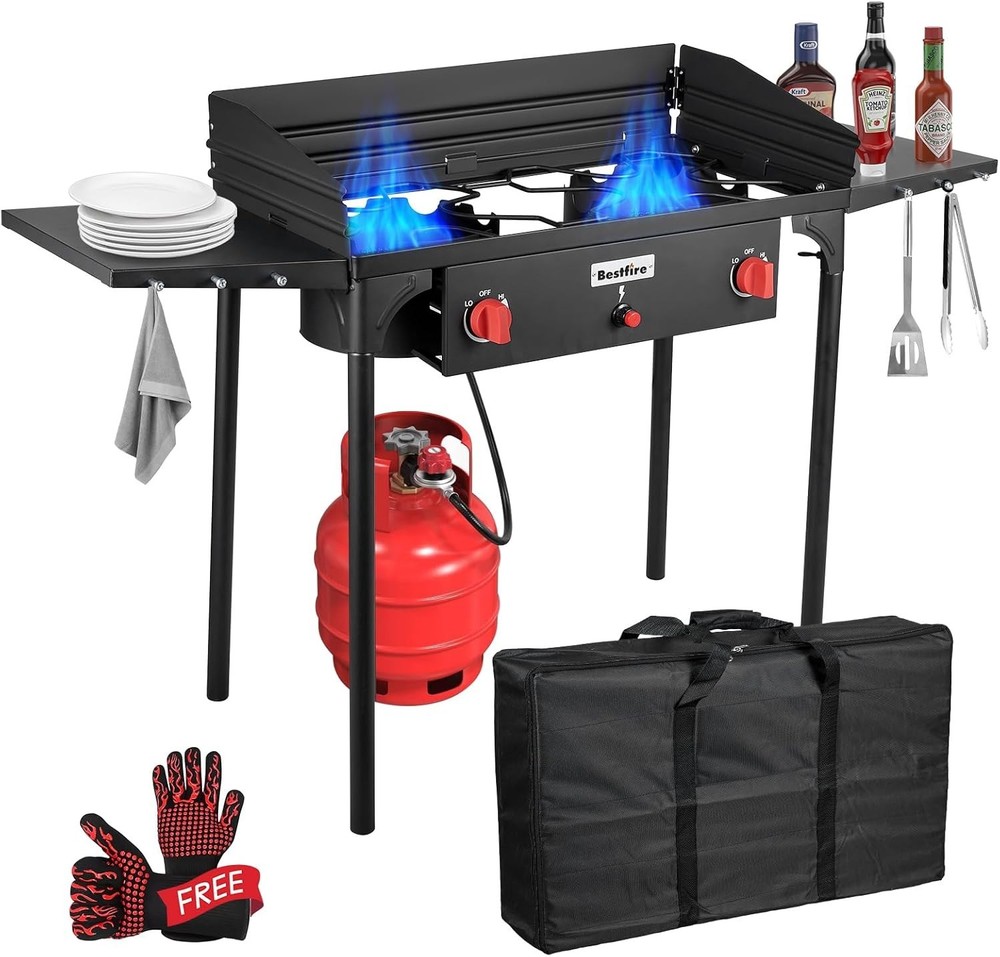 2 Burner Camping Stove with Windscreen&Side Shelves, Bag, Auto Ignition Button..