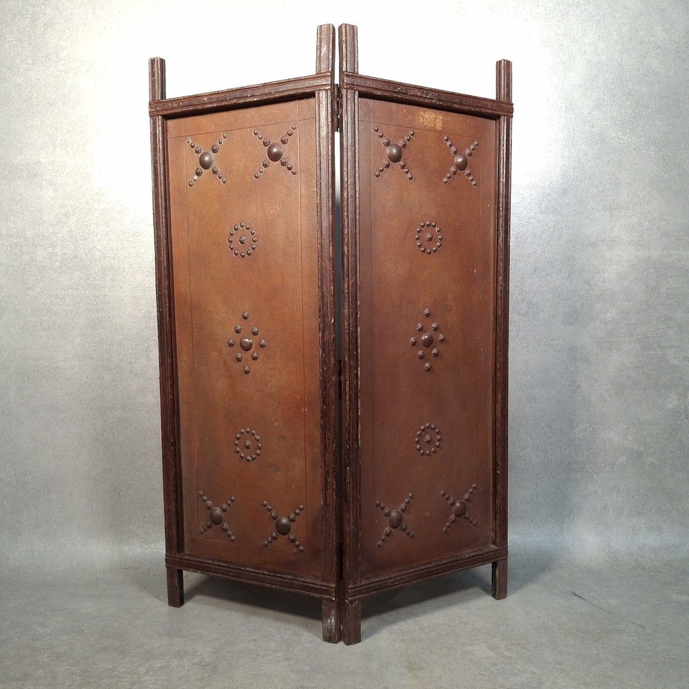 Vintage Folding Fire Screen Leather Studded Panels Hearth Spark Guard