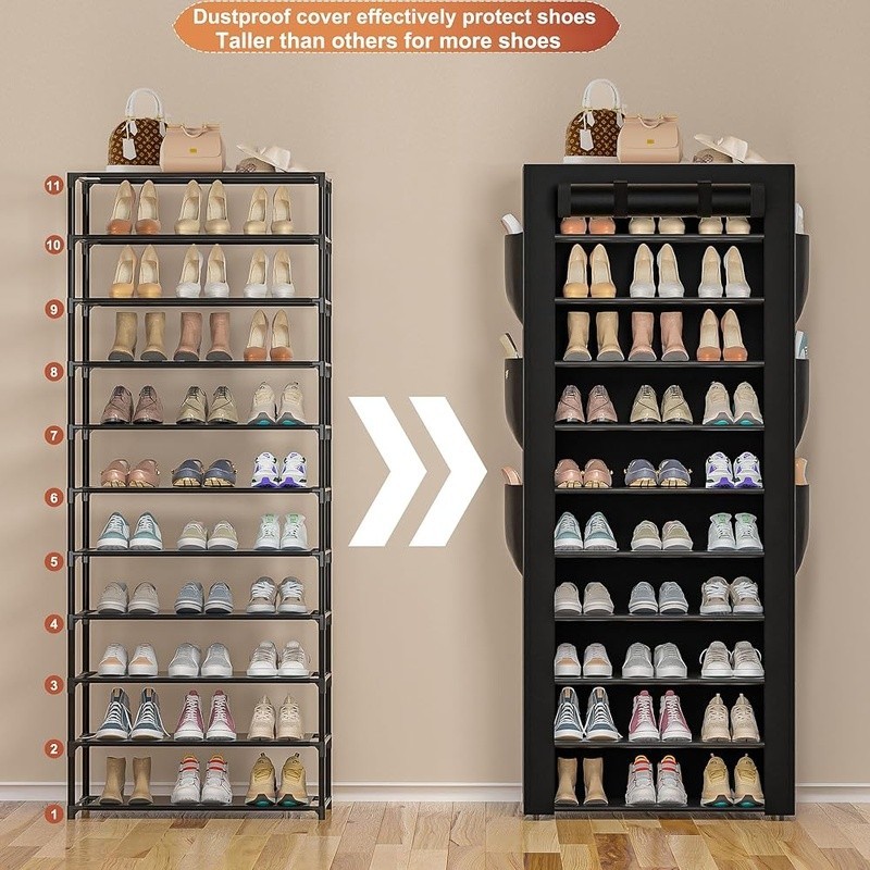 10 Tier Large Shoe Rack Organizer W/ Side Pockets Dustproof Storage Solution New