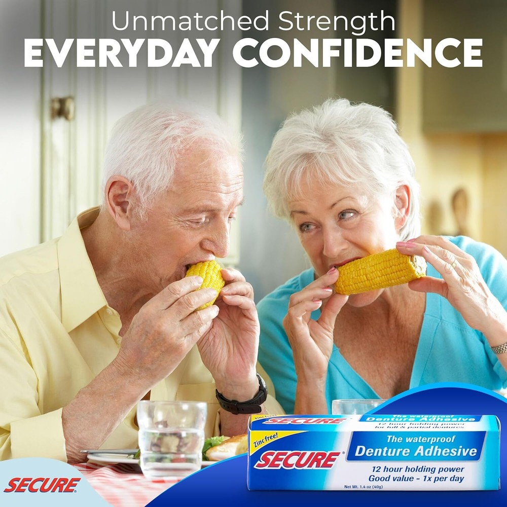 Secure Waterproof Denture Adhesive - Zinc Free - Extra Strong Hold For Upper