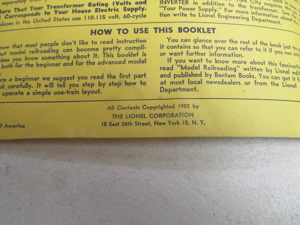 "Lionel Trains instructions for assembling & operating" Booklet from 1952.