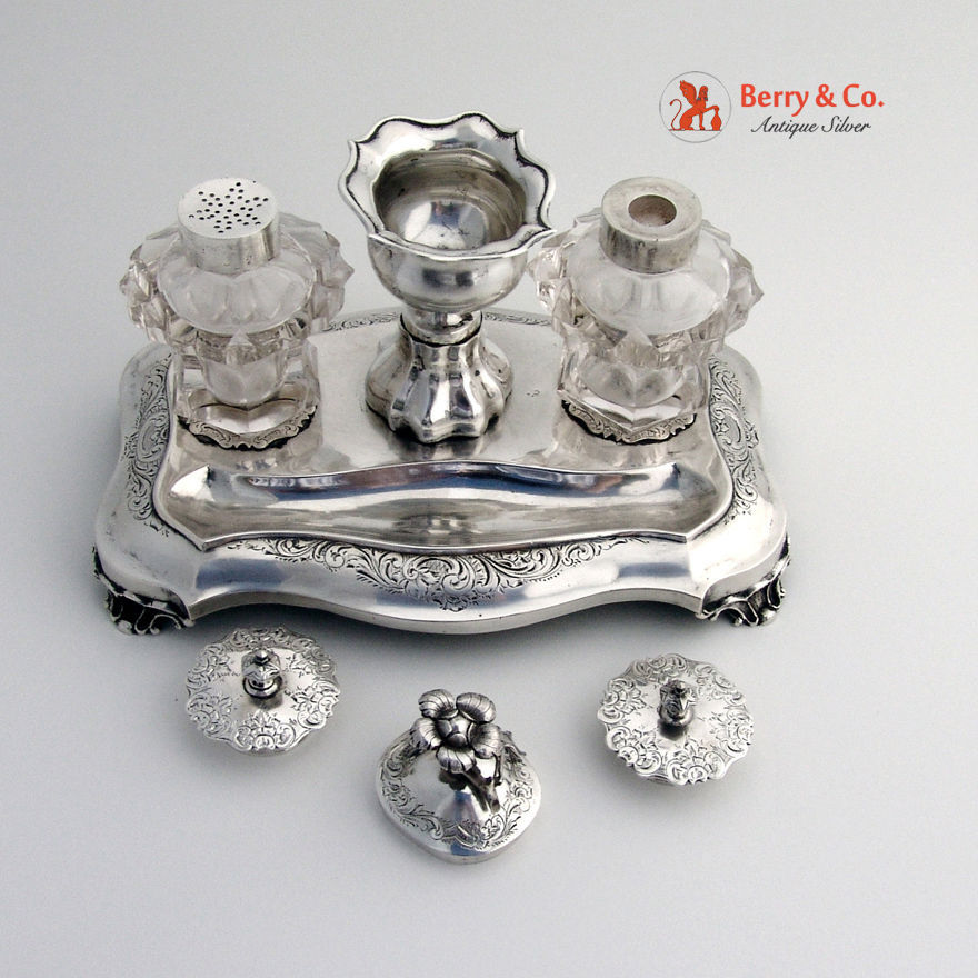Dutch Inkstand 1851 Crystal Glass 833 Silver