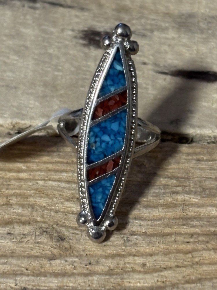 Size 5 NWT Turquoise And Coral Ring Silver Tone