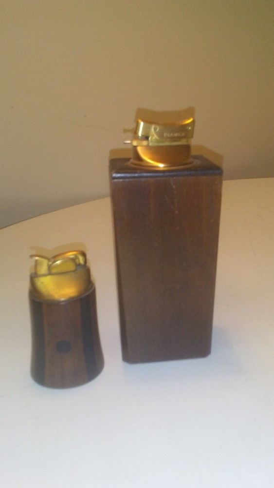 MODERNIST MCM TABLE LIGHTER PAIR WOOD LEATHER TEAK WALNUT