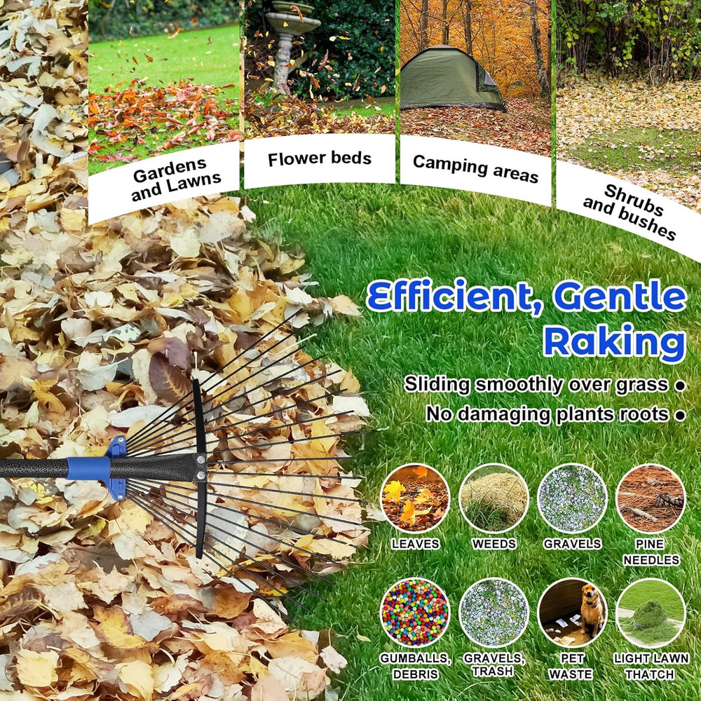 Garden Leaf Rake Set: 18 Tines Adjustable Rake, 2 Leaf Scoops, 32Gallon Leaf Bag