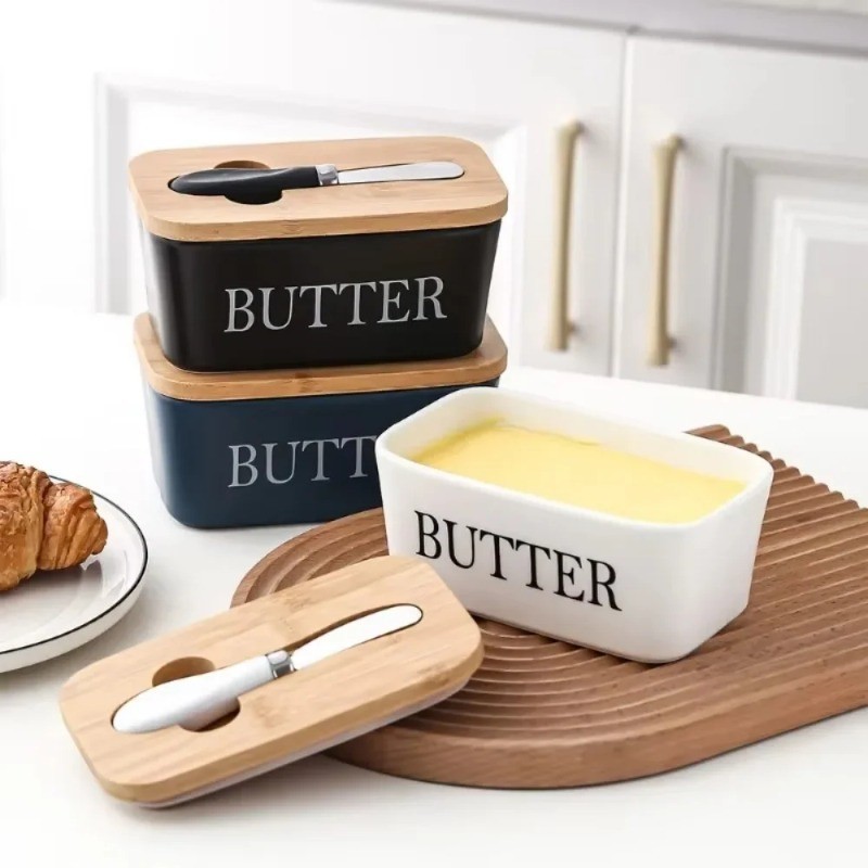 Butter Box with Knife Rectangular Cheese Container with Wooden Lid for Kitchen