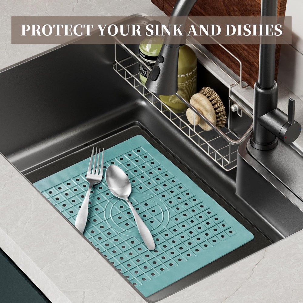 2 Pack Kitchen Sink Mat 12x10 Inch Rectangular Protector Pad Mint Blue