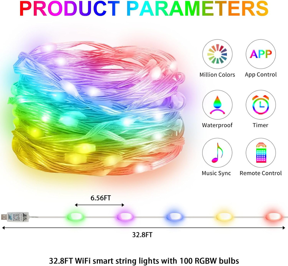 Smart 100LEDs Fairy RGB String Light USB 10M/33FT Waterproof String Light String