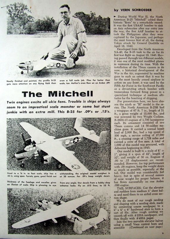 B-25 PLAN + CONSTRUCTION ARTICLE to Build a Profile UC Stunt Model Airplane