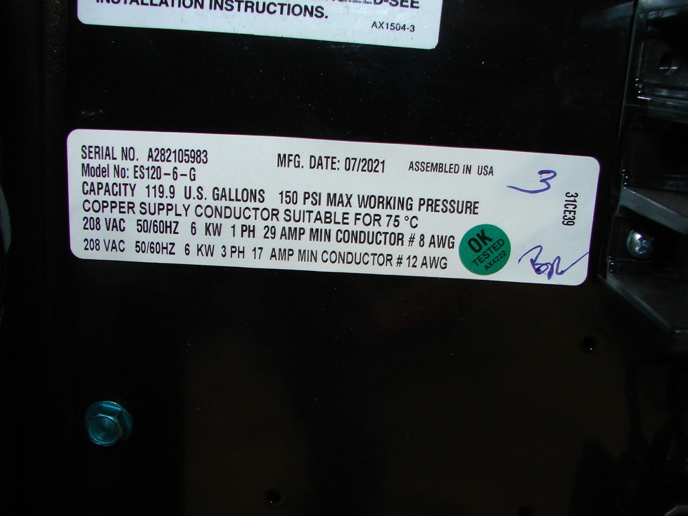 New Rheem ES120-6-G Heavy Duty Electric Commercial Water Heater 240vac 1PH/3PH