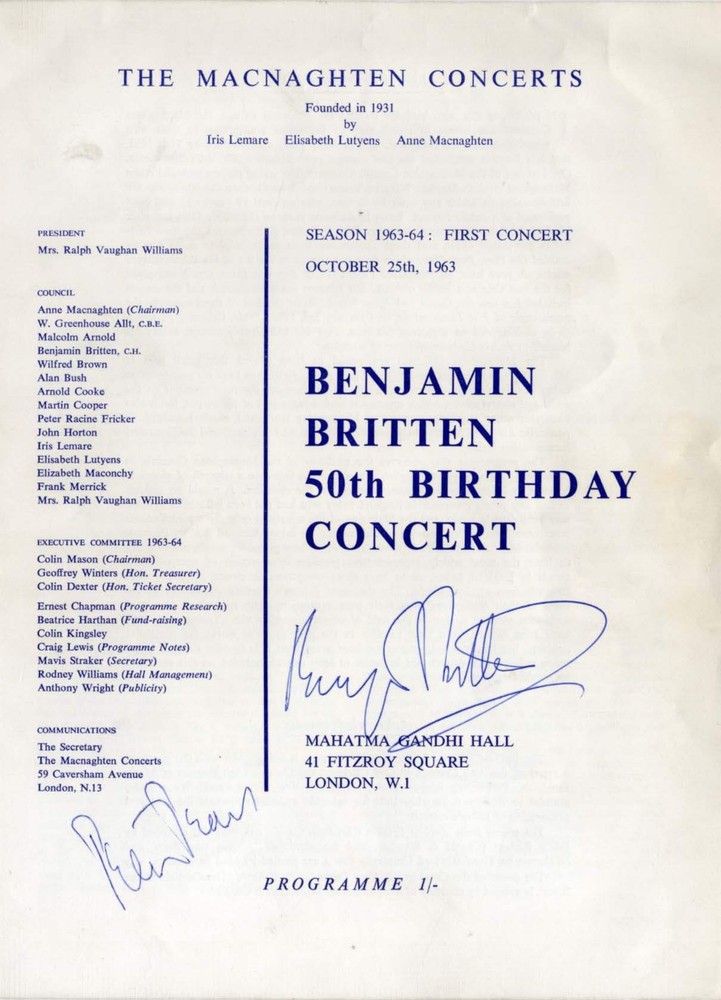 Benjamin Britten & Peter Pears autograph, signed concert programme mounted