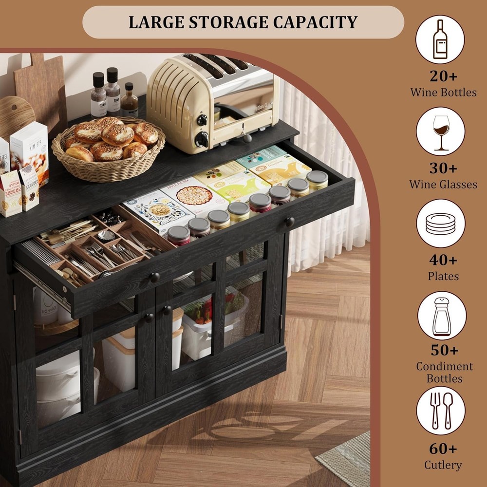 Modern Sideboard Buffet Cabinet Storage with Glass Doors Drawer Adjustable Shelf