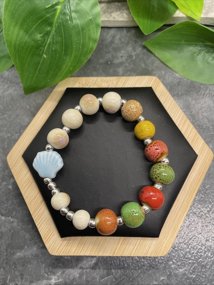 Handmade Ceramic Bead Beaded Stackable 6.5” Plus Stretch Bracelet New B299