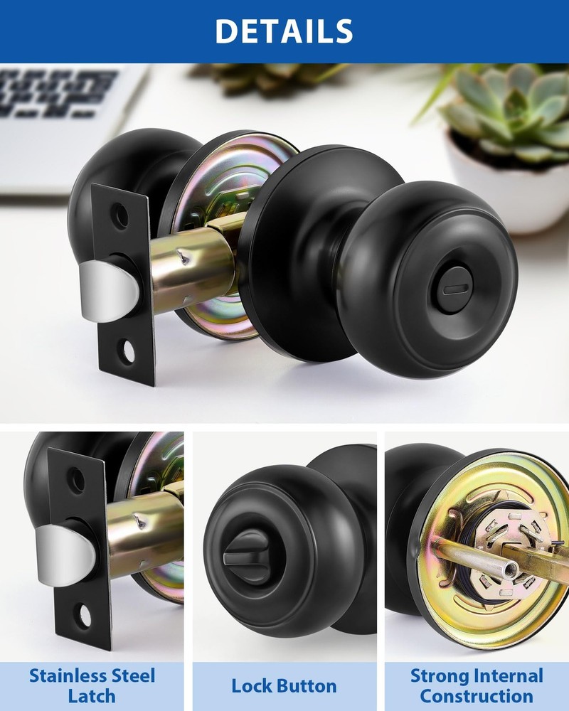Lanwandeng Interior Door Knobs for Bedroom or Bathroom Keyless, 1 Pack, Black
