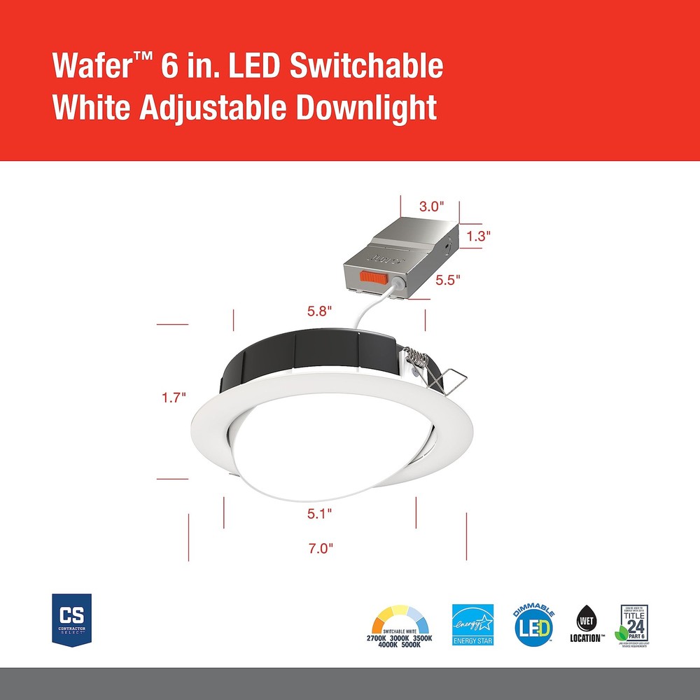 Juno LED Shower Light, Adjustable 6 Inch Wafer Downlight, Switchable Color Tempe