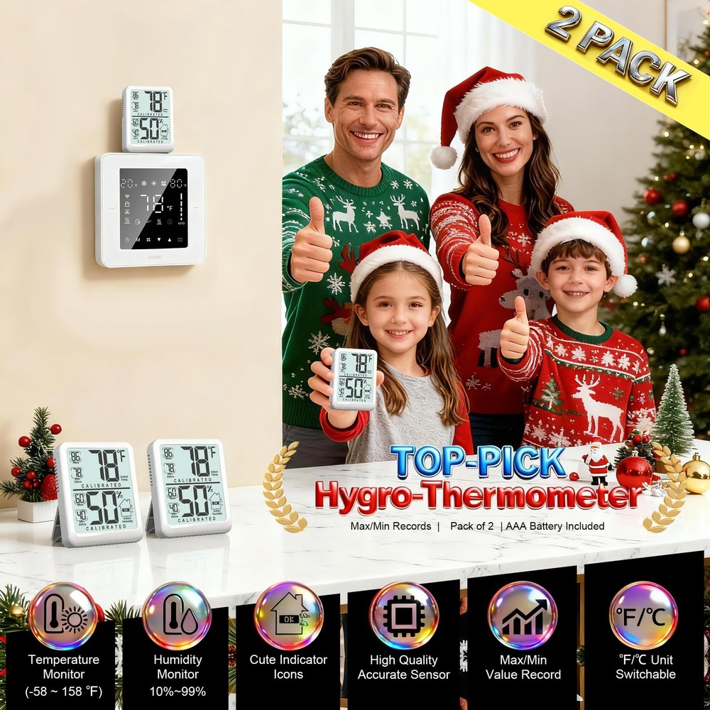 Antonki 2-Pack Room Thermometer, Digital Small 2 Pack, White (New Version)