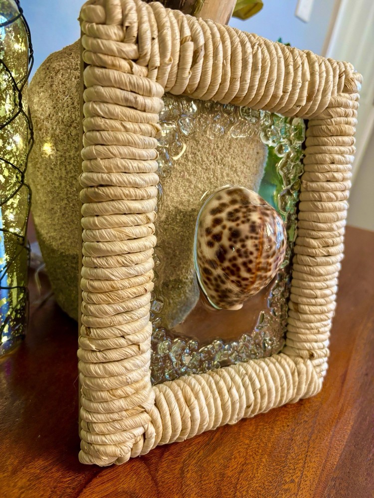 Seashell Resin Art - Rustic Bamboo Style Frame With Crashed Glass