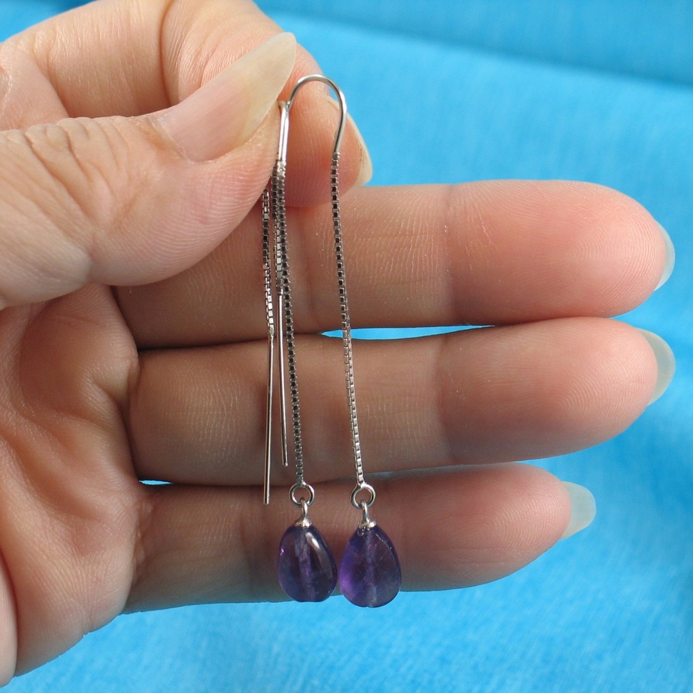 Solid Silver 925 Box Chain Hook Faceted Drop Genuine Amethyst Dangle Earrings
