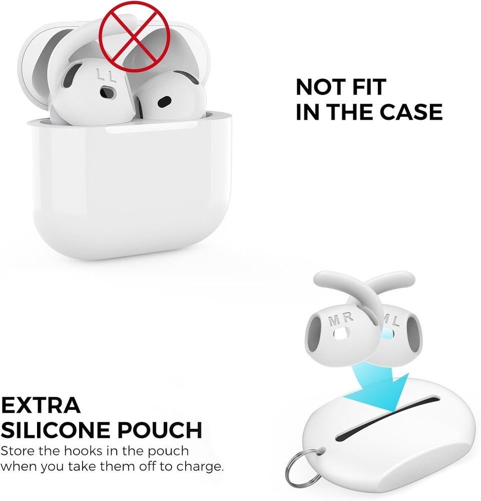 AhaStyle Ear Hooks for AirPods 4th Gen [Large+Medium+Small, White]