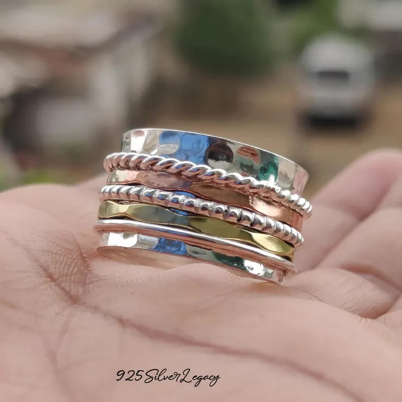 Hammered Spinner Ring, Silver With Copper Brass Spinner Ring, Fidget , All Size