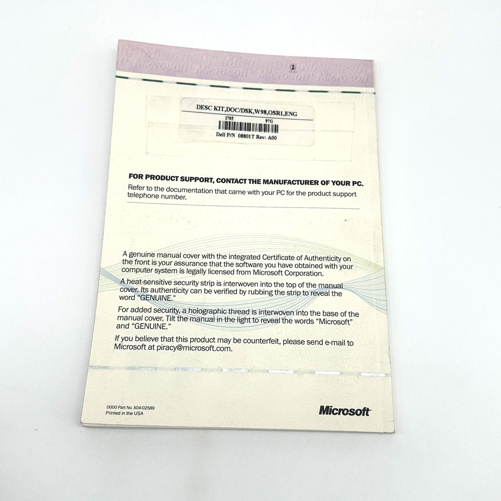 Microsoft Windows 98 Second Edition Getting Started Manual w/ COA Product Key
