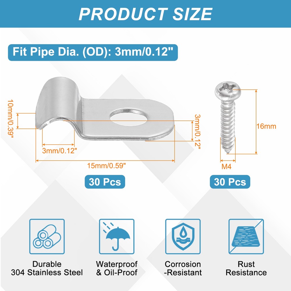 30Pcs 3mm(1/8") One Hole Rigid Pipe Strap with Screws, Silver