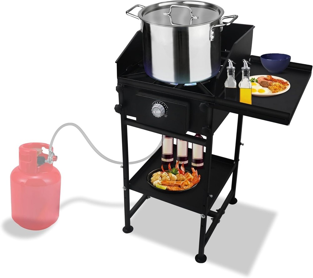 Single Burner Propane Camping Stove - with Side & Bottom Shelf and Wind Panel