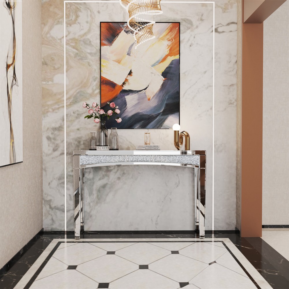 Modern Console Table Mirrored Finished Glam Silver Entryway Table Crystals Inlay