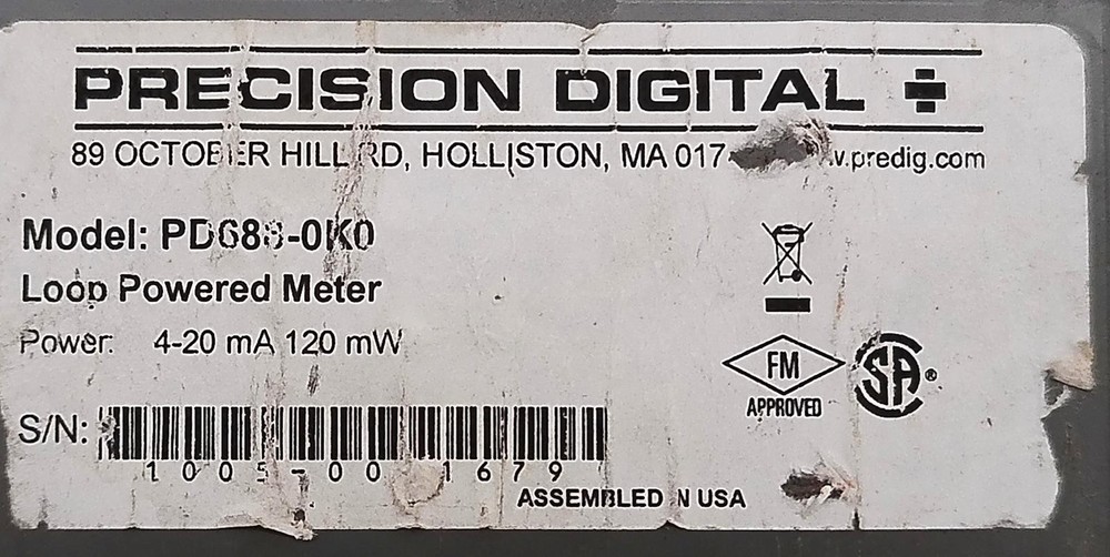 PERCISION DIGITAL PD688-0K0 LOOP-POWERED PROCESS METER