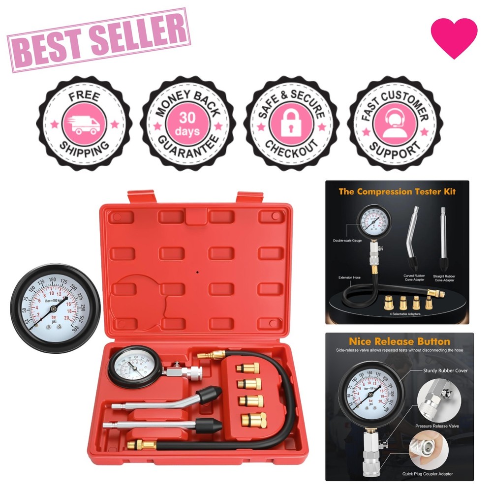 Quick and Accurate Petrol Engine Compression Tester - 8 Piece Gauge & Adapters