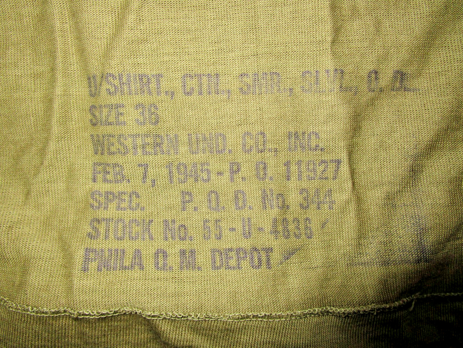 Vintage WW2 OD Tank Top SIZE 36 Western Und Co 1945 PHILA DEPOT Military ARMY