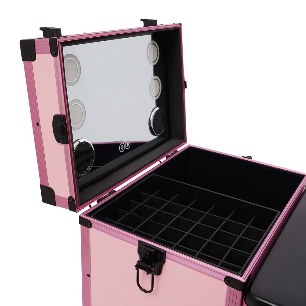 Rolling Makeup Case With Mirror Light Bluetooth Speaker Black Pink Lockable