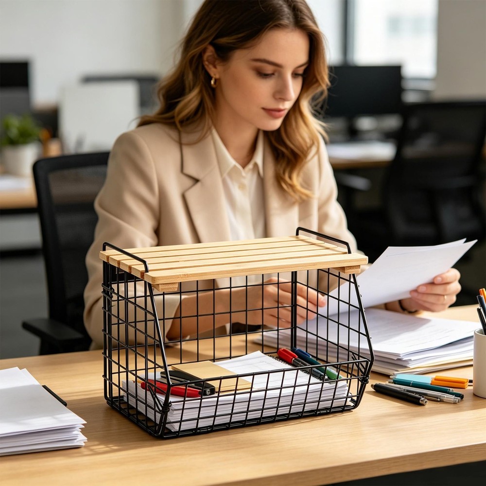 Stackable Wire Basket with Openable Top, Kitchen Counter Basket