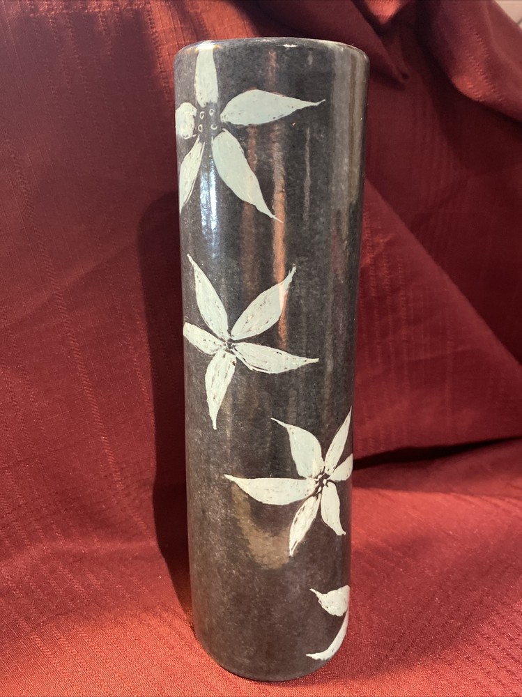 Handmade Ceramic GRAY Glazed with TURQUOISE Flowers...VASE...simple & nice!