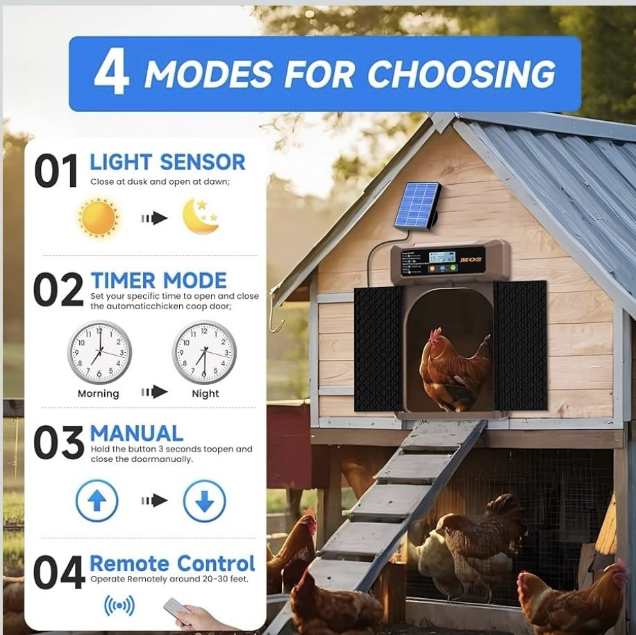 Solar-Powered Automatic Chicken Coop Door with LCD Screen - 4 Open Modes Timer