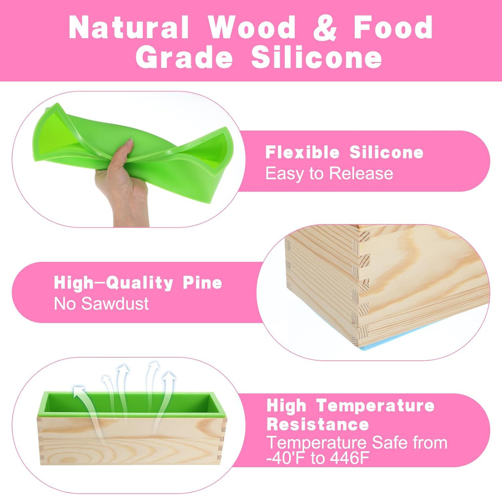 3 Pcs Soap Making Molds with Wood Box Tray, Flexible Rectangular Silicone Soap M