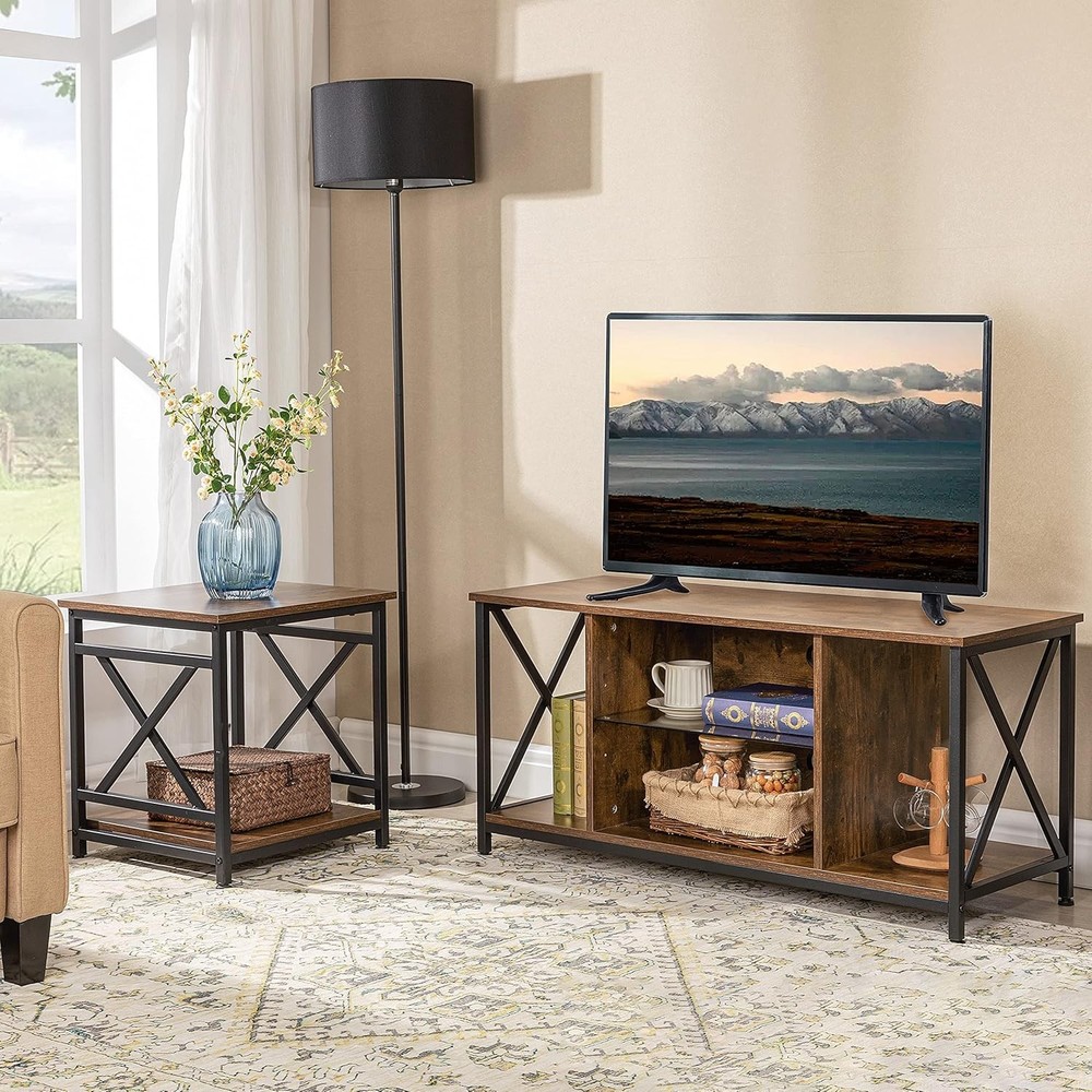 NEW Industrial End Table with 2-Tier Storage Shelf, 18'' Square Side Table wit