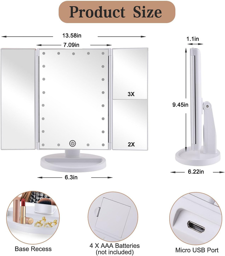 Lighted Tri-Fold Vanity Makeup Mirror with 3X/2X Magnification and 180° Rotation