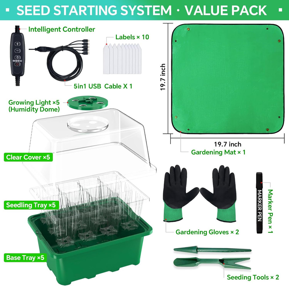 5-Pack Seed Starter Tray with Grow Light and Timer for Germination